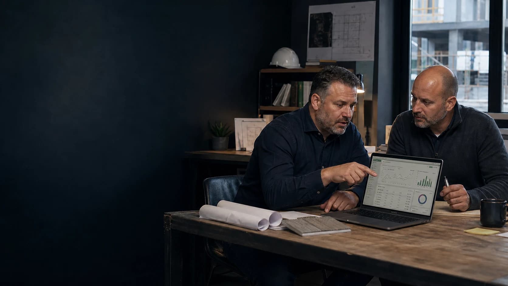 Dois profissionais de construção revisando campanhas em um laptop