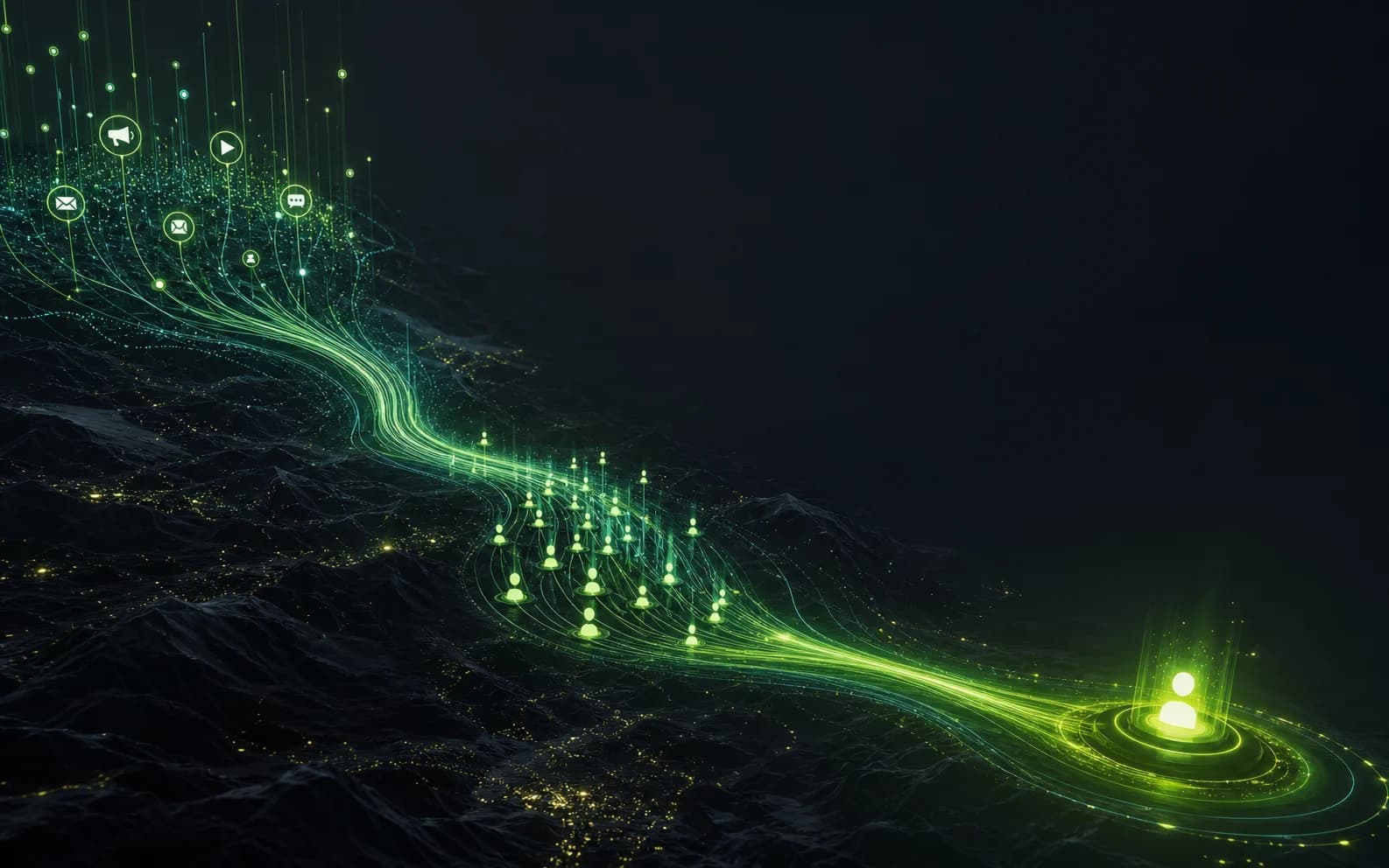 Fluxo luminoso conectando canais de aquisição a uma receita verificada